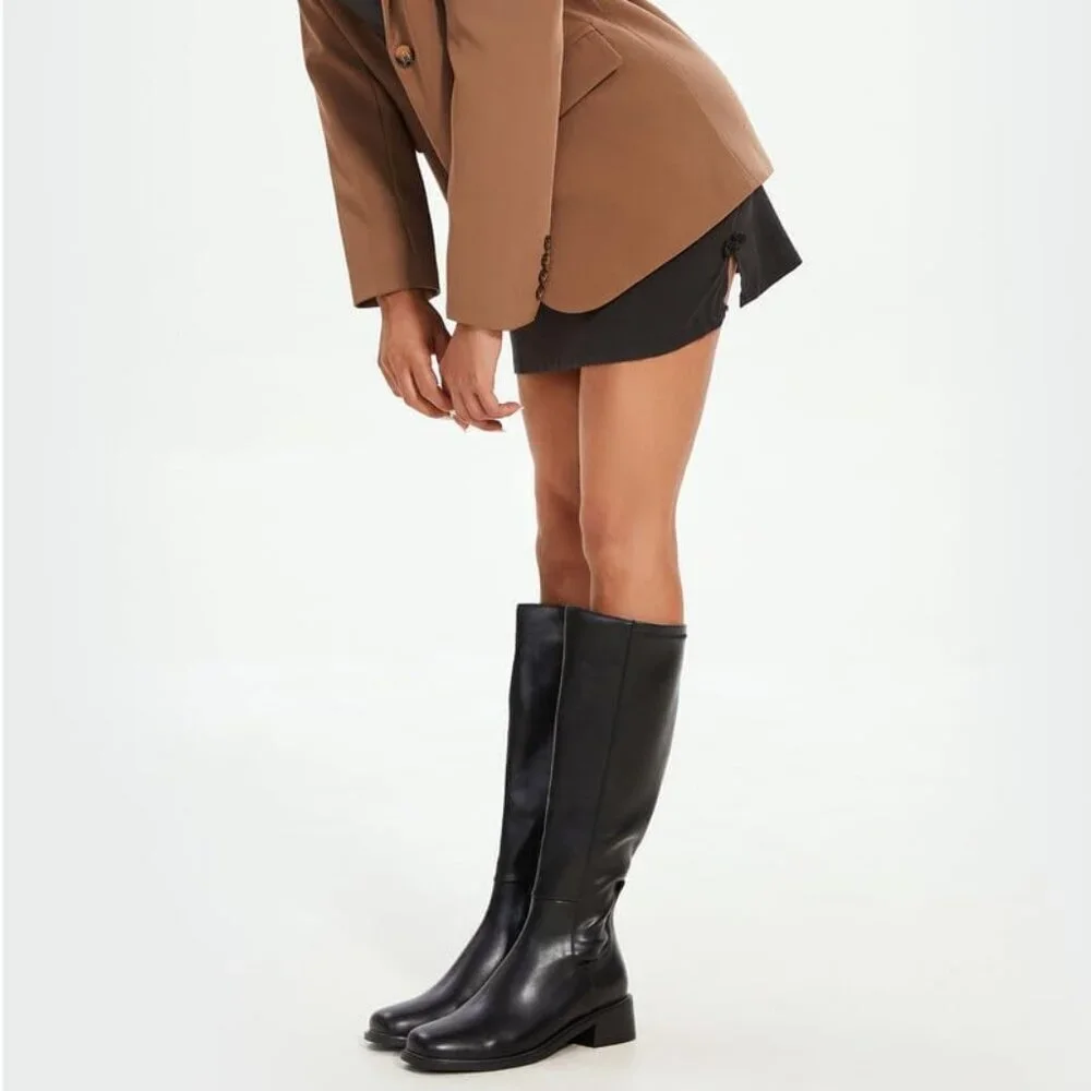 Women's Black Faux Leather Elastic Low Heel Square Toe Zipper Knee High Boots